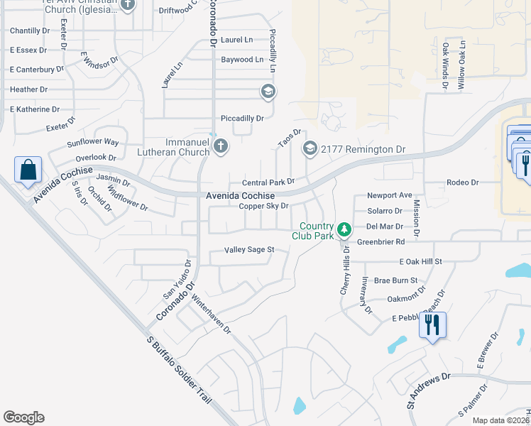 map of restaurants, bars, coffee shops, grocery stores, and more near 2335 Copperwood Drive in Sierra Vista