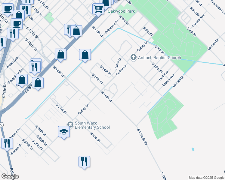 map of restaurants, bars, coffee shops, grocery stores, and more near 1458-1482 Gurley Lane in Waco
