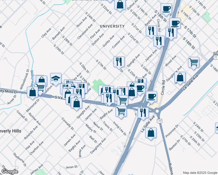 map of restaurants, bars, coffee shops, grocery stores, and more near 2720 Speight Avenue in Waco