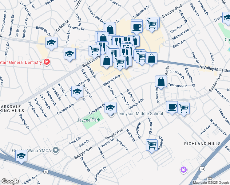 map of restaurants, bars, coffee shops, grocery stores, and more near 913 North 59th Street in Waco