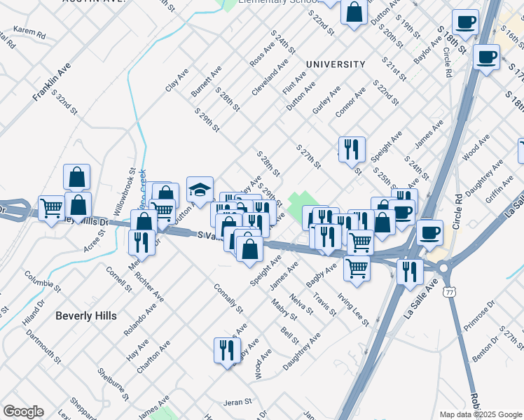 map of restaurants, bars, coffee shops, grocery stores, and more near 1300 South 30th Street in Waco