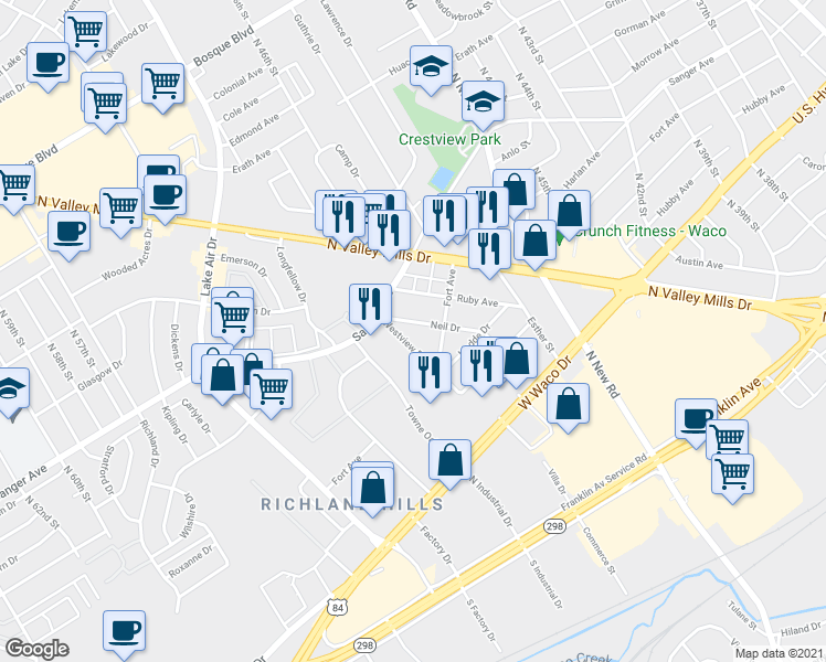 map of restaurants, bars, coffee shops, grocery stores, and more near 724 Neil Drive in Waco