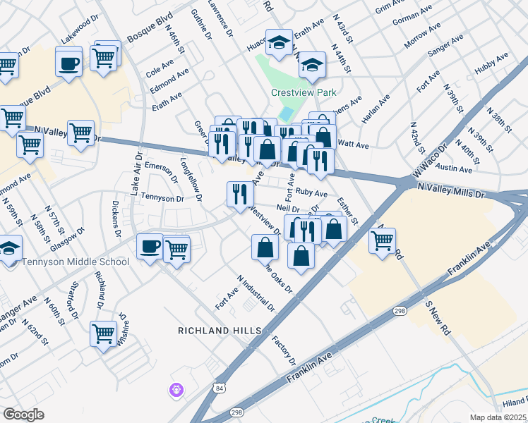 map of restaurants, bars, coffee shops, grocery stores, and more near 724 Neil Drive in Waco