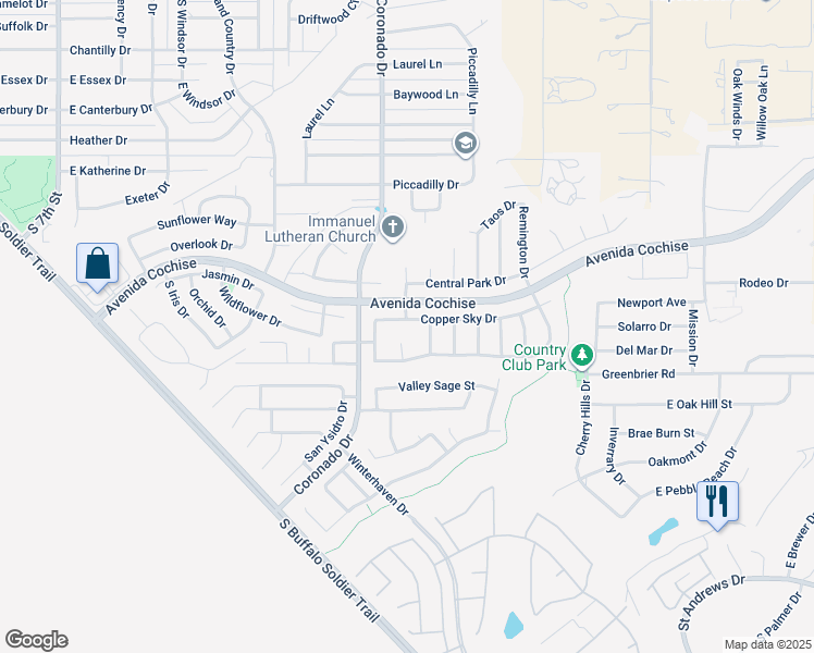 map of restaurants, bars, coffee shops, grocery stores, and more near 2114 Copper Sky Drive in Sierra Vista