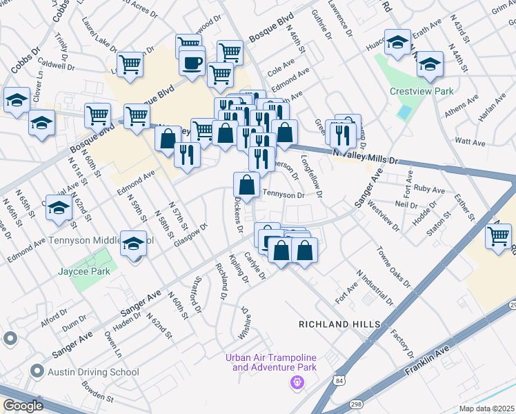 map of restaurants, bars, coffee shops, grocery stores, and more near 725 Lake Air Drive in Waco
