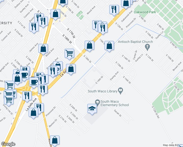 map of restaurants, bars, coffee shops, grocery stores, and more near 1900 Primrose Drive in Waco