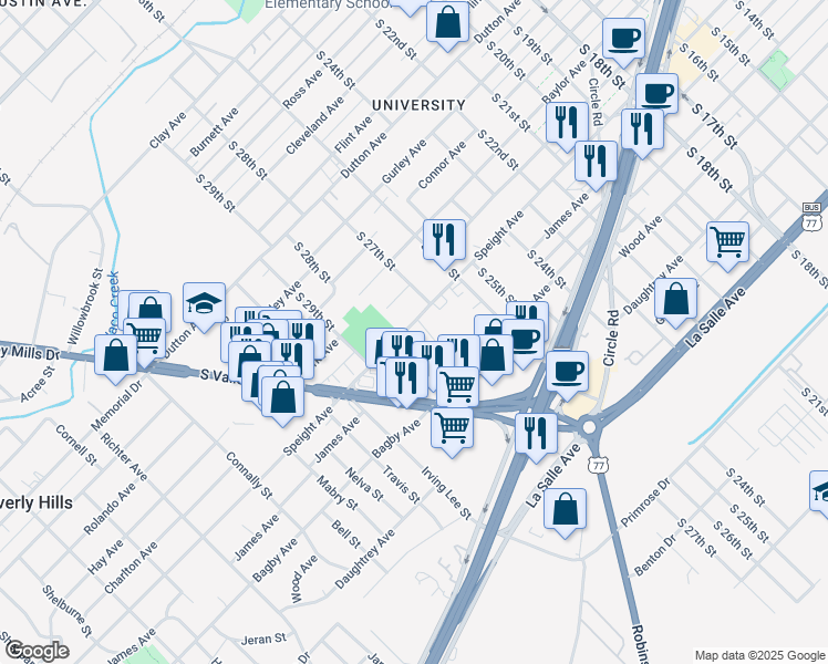 map of restaurants, bars, coffee shops, grocery stores, and more near 2720 Speight Avenue in Waco