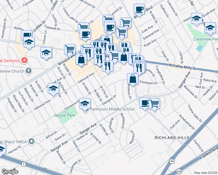 map of restaurants, bars, coffee shops, grocery stores, and more near 815 Richland Drive in Waco