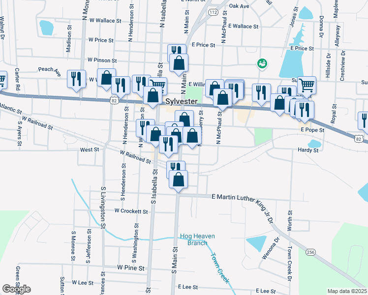 map of restaurants, bars, coffee shops, grocery stores, and more near 122 North Main Street in Sylvester