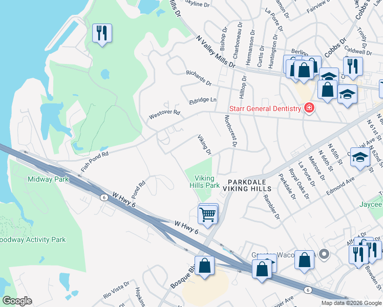map of restaurants, bars, coffee shops, grocery stores, and more near 7200 Viking Drive in Waco