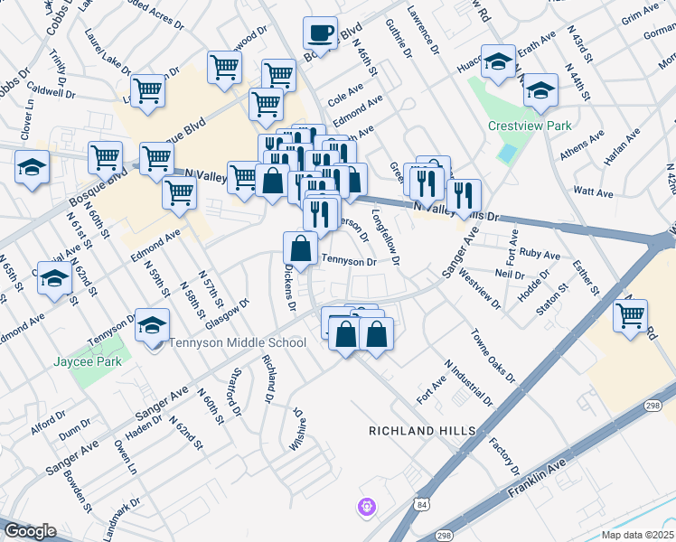 map of restaurants, bars, coffee shops, grocery stores, and more near 801-871 Jeffrey Street in Waco