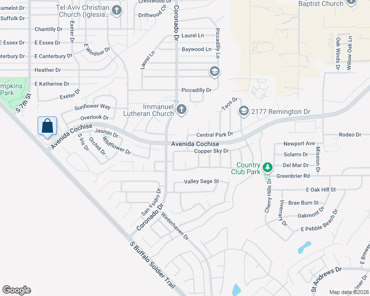 map of restaurants, bars, coffee shops, grocery stores, and more near 2093 Copper Sky Drive in Sierra Vista