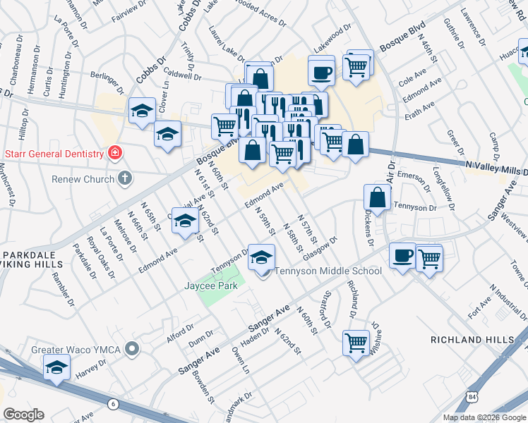 map of restaurants, bars, coffee shops, grocery stores, and more near 913 North 59th Street in Waco