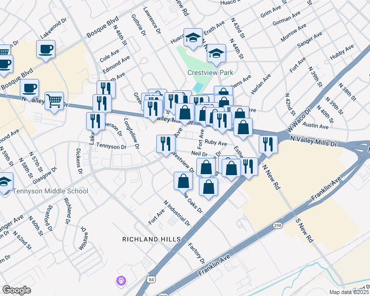 map of restaurants, bars, coffee shops, grocery stores, and more near 724 Neil Drive in Waco