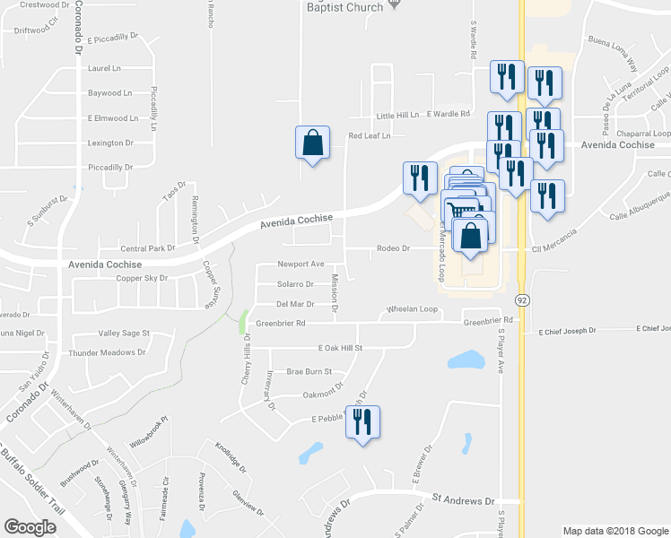 map of restaurants, bars, coffee shops, grocery stores, and more near 1594 Mission Drive in Sierra Vista