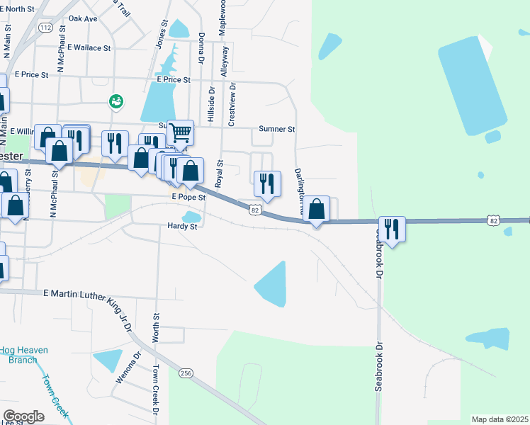 map of restaurants, bars, coffee shops, grocery stores, and more near E Pope St in Sylvester