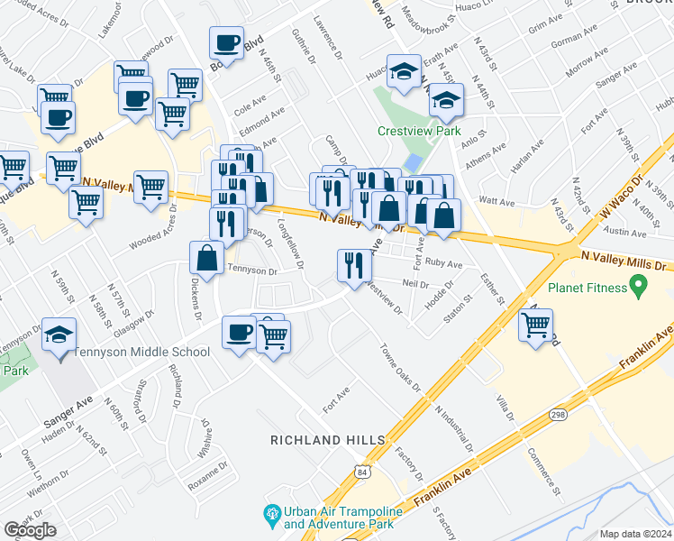 map of restaurants, bars, coffee shops, grocery stores, and more near 920 North Valley Mills Drive in Waco