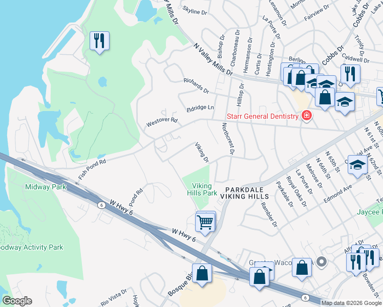 map of restaurants, bars, coffee shops, grocery stores, and more near 7200 Viking Drive in Waco