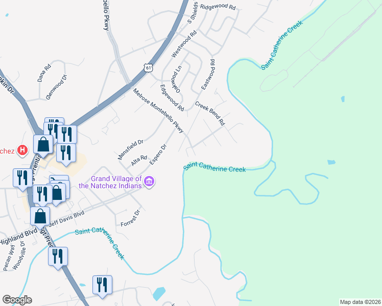 map of restaurants, bars, coffee shops, grocery stores, and more near 100 Arrowhead Drive in Natchez