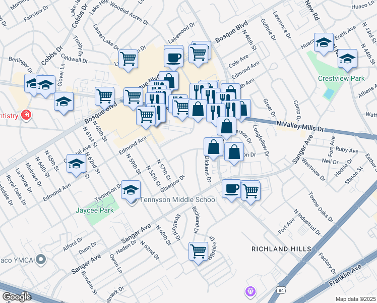 map of restaurants, bars, coffee shops, grocery stores, and more near 5409 Tennyson Drive in Waco