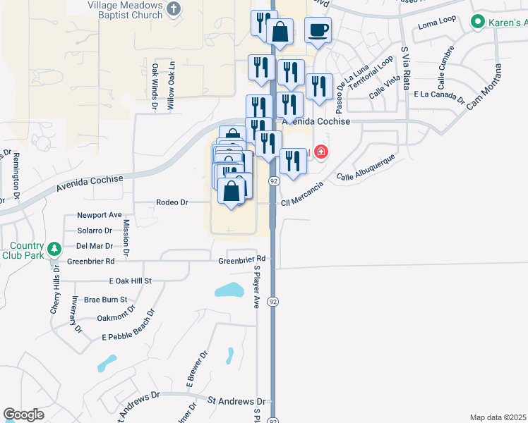 map of restaurants, bars, coffee shops, grocery stores, and more near 2318-2354 State Highway 92 in Sierra Vista