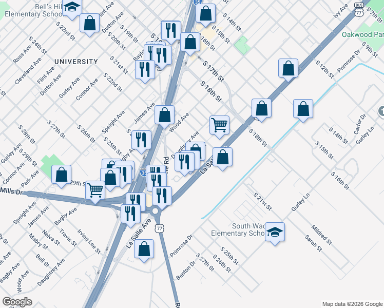 map of restaurants, bars, coffee shops, grocery stores, and more near 2021 South 22nd Street in Waco