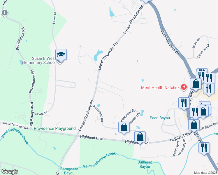 map of restaurants, bars, coffee shops, grocery stores, and more near 111 Gloucester Road in Natchez