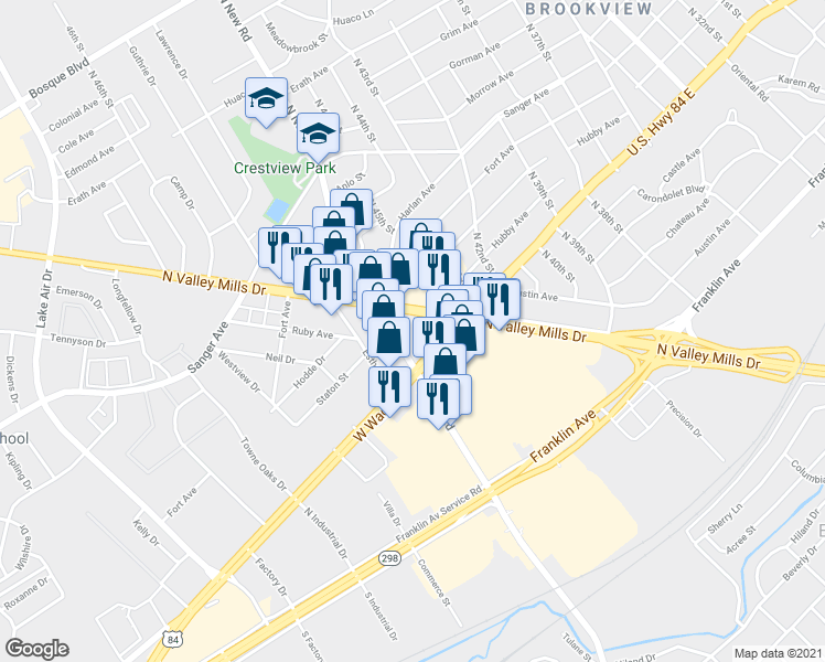 map of restaurants, bars, coffee shops, grocery stores, and more near 510 N Valley Mills Dr in Waco