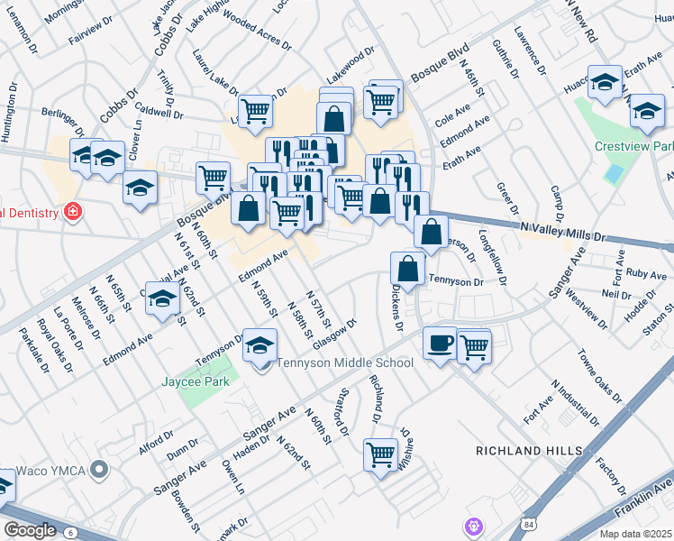 map of restaurants, bars, coffee shops, grocery stores, and more near 825 Wooded Acres Drive in Waco