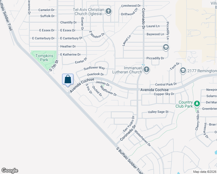 map of restaurants, bars, coffee shops, grocery stores, and more near 1540 Jasmin Drive in Sierra Vista