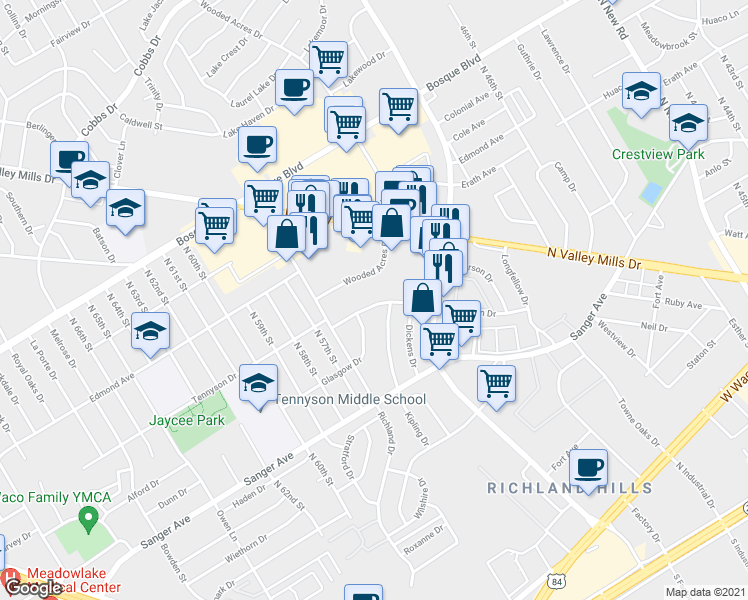 map of restaurants, bars, coffee shops, grocery stores, and more near 5409 Tennyson Drive in Waco