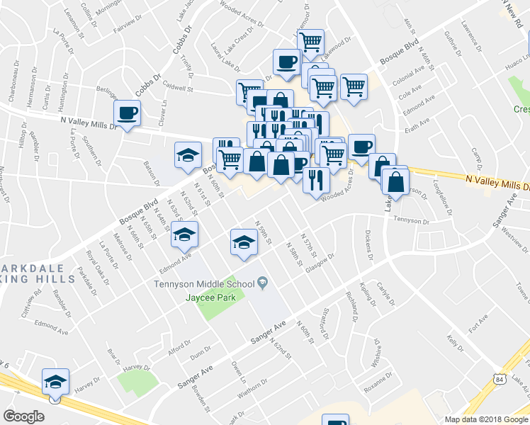 map of restaurants, bars, coffee shops, grocery stores, and more near 1024 North 58th Street in Waco