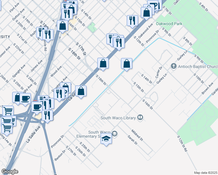 map of restaurants, bars, coffee shops, grocery stores, and more near 2399 South 18th Street in Waco