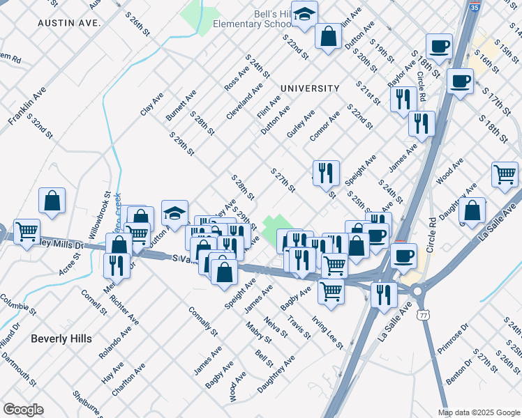 map of restaurants, bars, coffee shops, grocery stores, and more near 2800 Connor Avenue in Waco