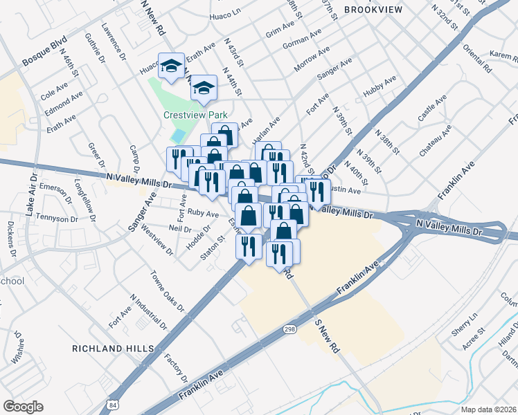 map of restaurants, bars, coffee shops, grocery stores, and more near 510 North Valley Mills Drive in Waco