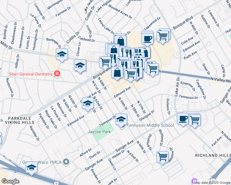 map of restaurants, bars, coffee shops, grocery stores, and more near 5901 Edmond Avenue in Waco