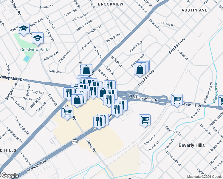 map of restaurants, bars, coffee shops, grocery stores, and more near 3913 Roselawn Drive in Waco