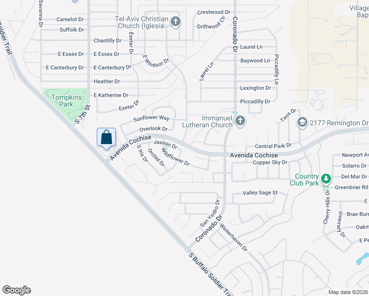 map of restaurants, bars, coffee shops, grocery stores, and more near 1581 Jasmin Drive in Sierra Vista