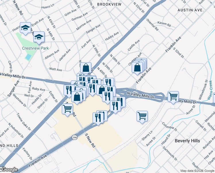 map of restaurants, bars, coffee shops, grocery stores, and more near 3913 Roselawn Drive in Waco