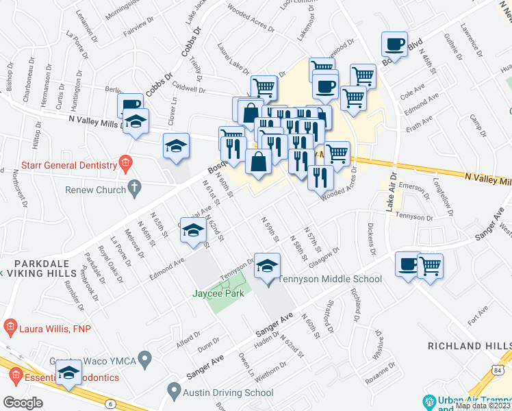 map of restaurants, bars, coffee shops, grocery stores, and more near 5901 Edmond Avenue in Waco