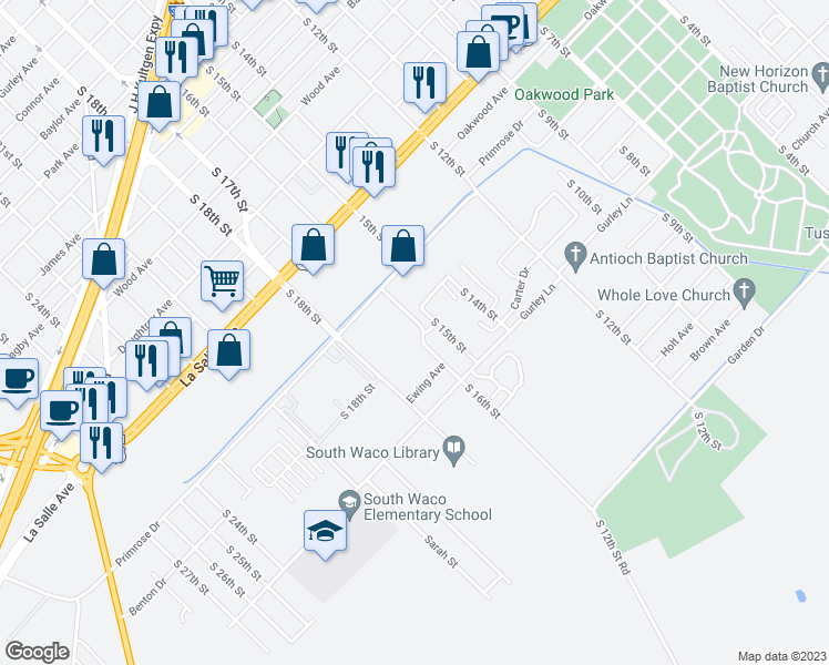 map of restaurants, bars, coffee shops, grocery stores, and more near 2509 S 16th St in Waco