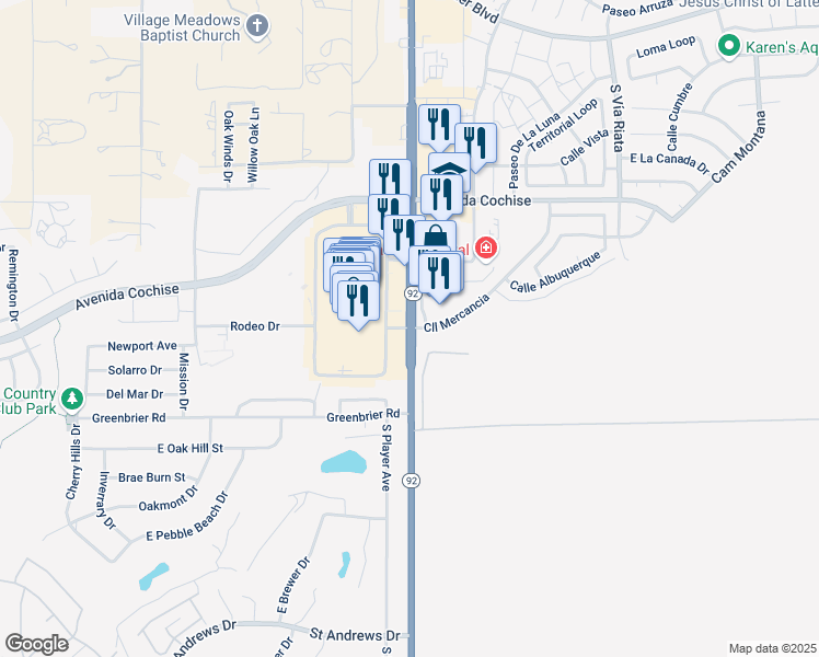 map of restaurants, bars, coffee shops, grocery stores, and more near 2318 Arizona 92 in Sierra Vista