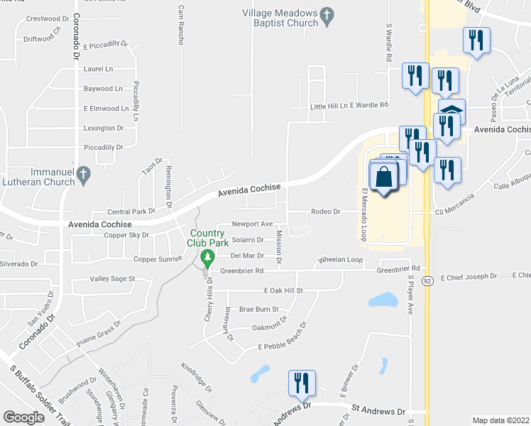 map of restaurants, bars, coffee shops, grocery stores, and more near 3098 Copper Pointe Drive in Sierra Vista