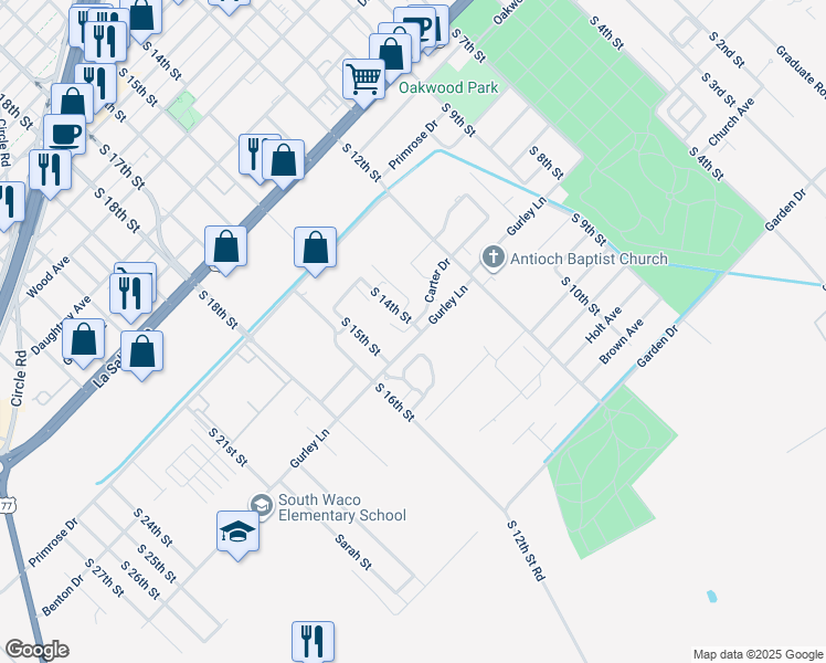 map of restaurants, bars, coffee shops, grocery stores, and more near 1400 Carter Drive in Waco