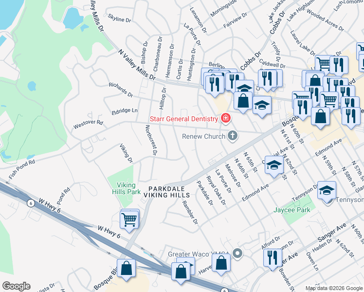 map of restaurants, bars, coffee shops, grocery stores, and more near 1625 Rambler Drive in Waco