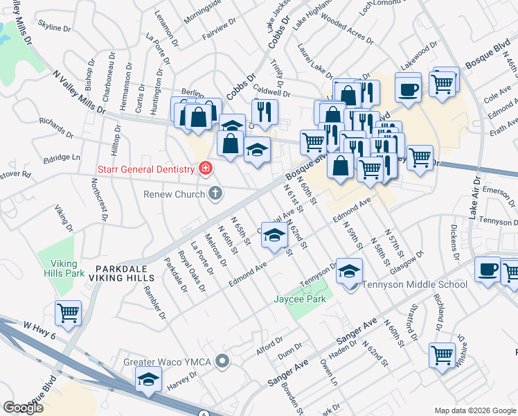 map of restaurants, bars, coffee shops, grocery stores, and more near 1324 North 63rd Street in Waco