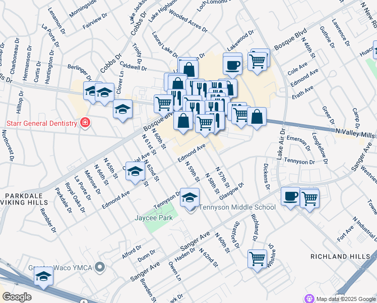 map of restaurants, bars, coffee shops, grocery stores, and more near 5817 Edmond Avenue in Waco