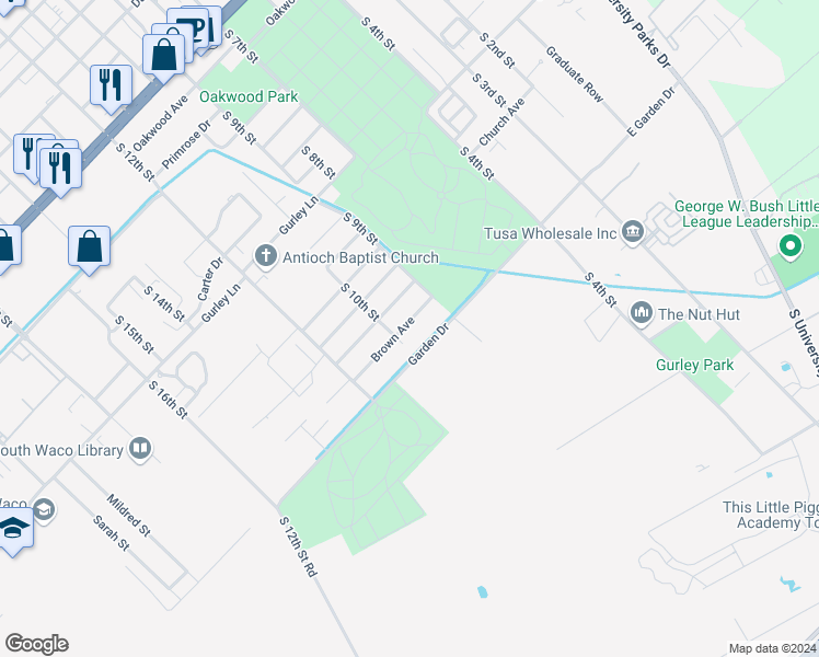 map of restaurants, bars, coffee shops, grocery stores, and more near 932 Brown Avenue in Waco