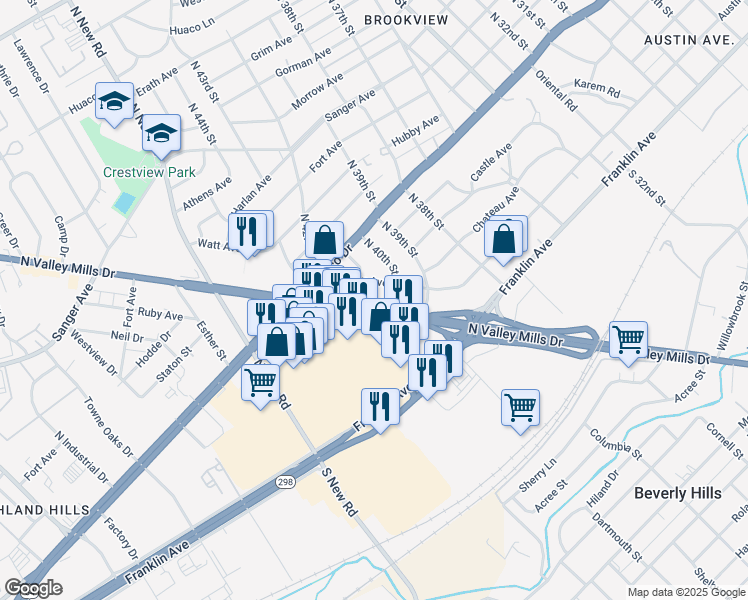 map of restaurants, bars, coffee shops, grocery stores, and more near 4013 Roselawn Drive in Waco