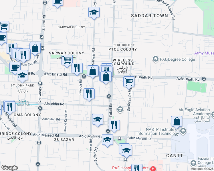 map of restaurants, bars, coffee shops, grocery stores, and more near 172 Tufail Road in Lahore
